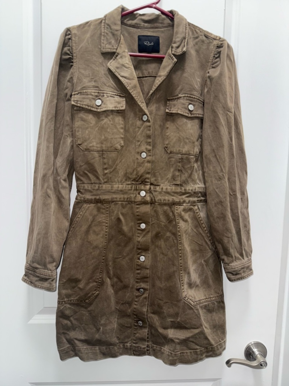 Rails Lisette Denim Twill Mini Dress Button Up Puff Sleeve Moss